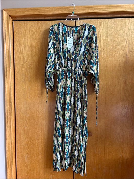 Zara Dresses & Skirts - Zara Geometric Maxi Dress in Teal, Brown and Cream